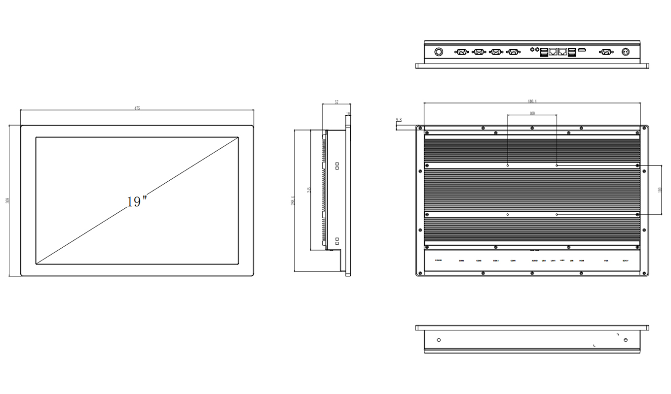 Dimension of 19 inch J1900 Core I3/I5/I7 Resistive Touch Panel PC