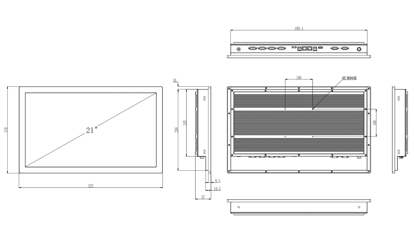 Dimension of 21 inch J1900 Core I3/I5/I7 Resistive Touch Panel PC