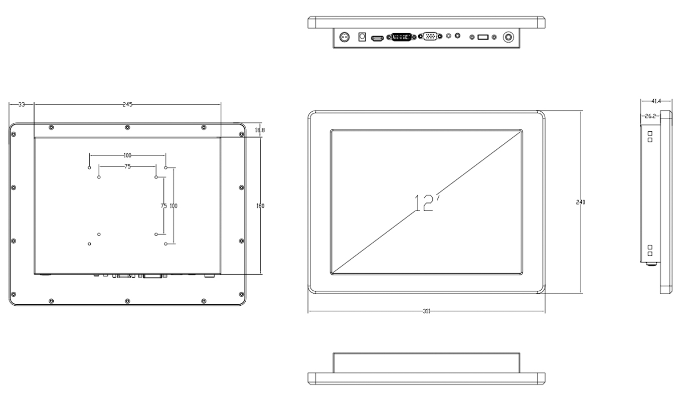 Dimension of 12 Inch Industrial Monitor