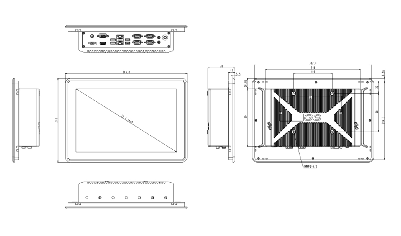 Dimension of 12 Inch Celeron J1900 Cabless Capacitive Panel PC