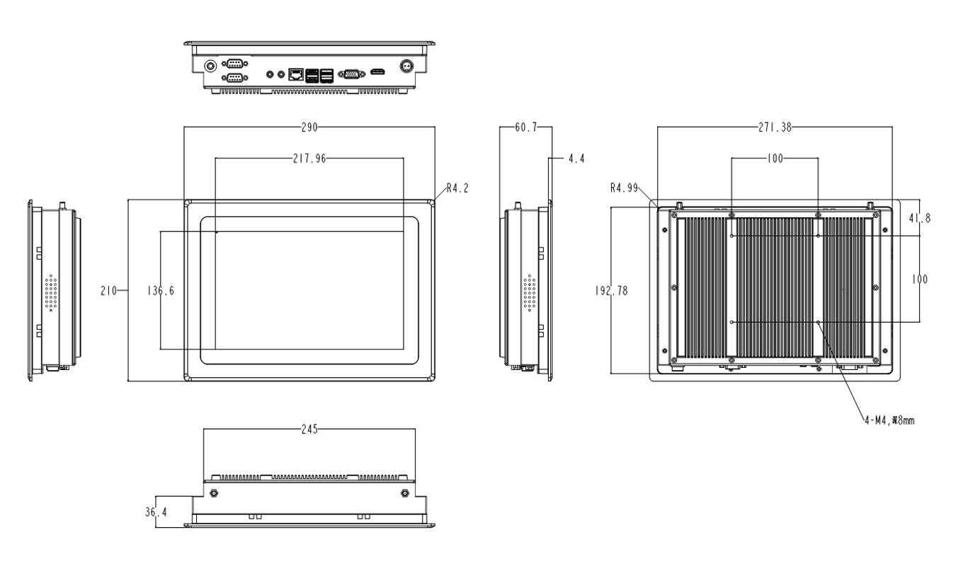 Deminsion of 10.1 Inch Intel 8th Gen. i3/i5/i7 Economy Capacitive Panel PC